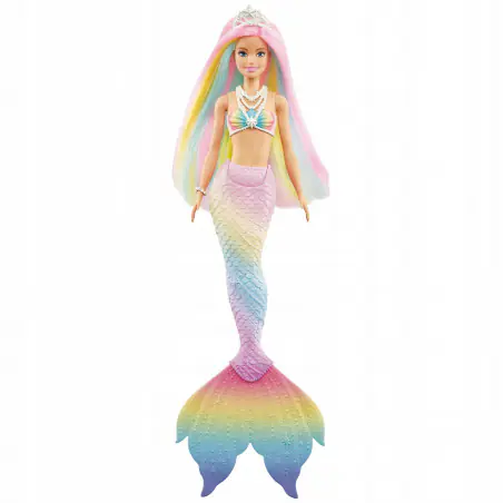 Dzięki funkcji zmiany koloru lalka ​Barbie Dreamtopia Syrenka Tęczowa Przemiana pobudza wyobraźnię i pozwala zanurzyć się w najbardziej kolorowym bajkowym świecie! 
