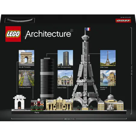 Zbuduj panoramę z najsłynniejszymi atrakcjami Paryża. Zestaw 21044 LEGO® Architecture Skyline przedstawia Łuk Triumfalny, Pola Elizejskie, Wieżę Montparnasse, halę Grand Palais, Wieżę Eiffla i Luwr.