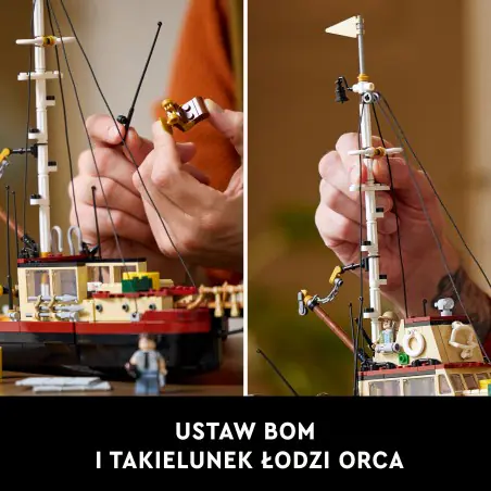Realistycznie szczegółowy model łodzi Orca LEGO® i baza z morzem do zbudowania